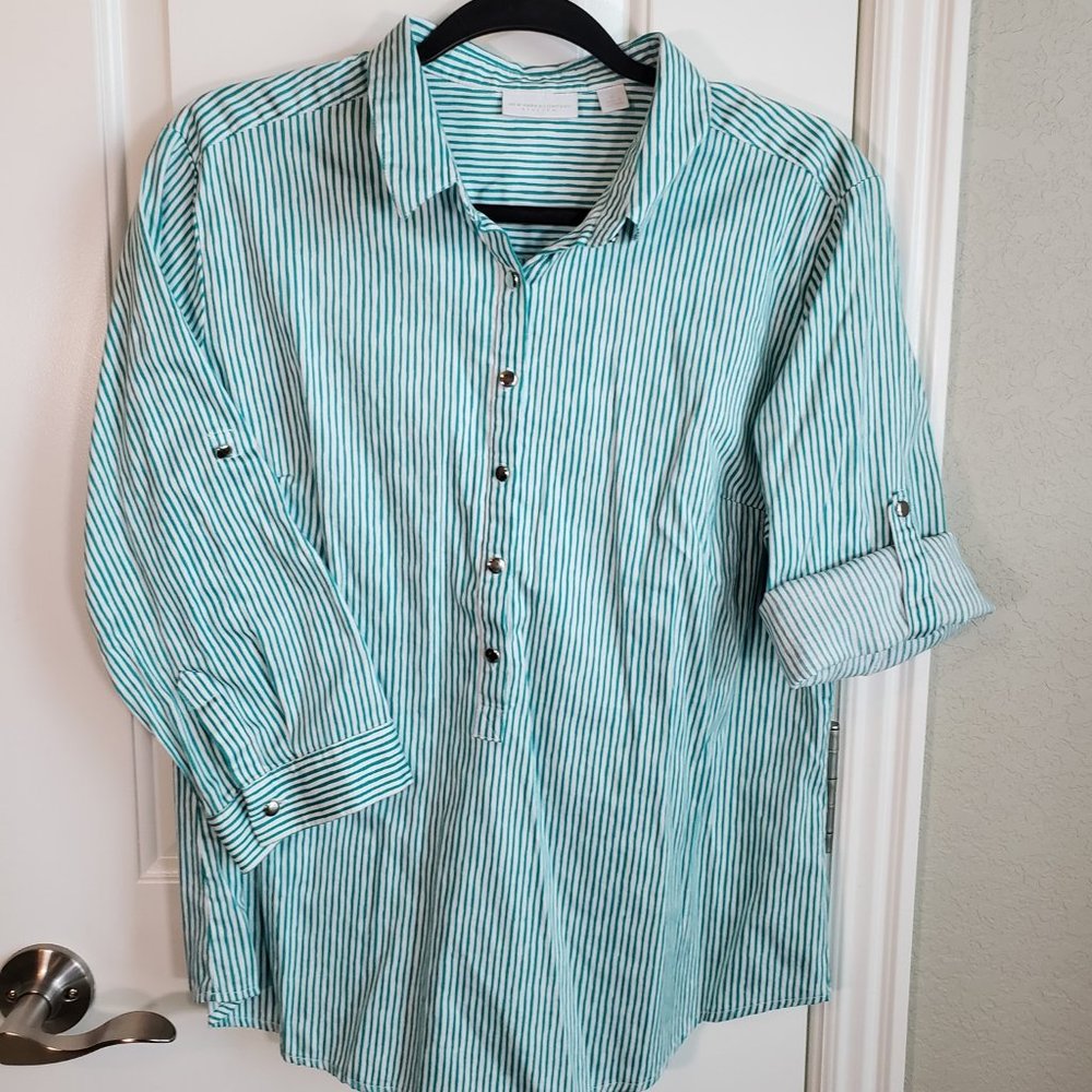 New York & Company Green and White Stripe 3/4 Sleeve Shirt